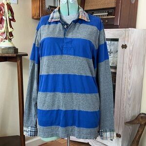 Vintage Tailor Rugby Shirt Blue Gray Striped Plaid Contrast Collar Cuffs Retro